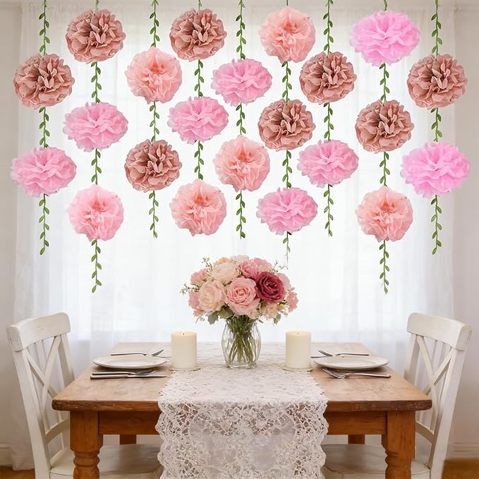 Pink Flower Garland for Backdrop - 2 Pcs Hanging Paper Flower Garlands for Wedding Arch Baby Shower Decor, 8.2 Ft Artificial Floral Vines for Living Room Wall Birihday Party Decoration