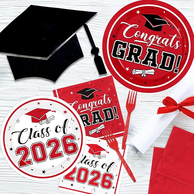 Graduation Party Plates and Napkins Red Class of 2026 Grad Congrats Party Supplies Disposable Dessert Paper Plates Cocktail Napkins forGraduation Party Decorations,Serve 50