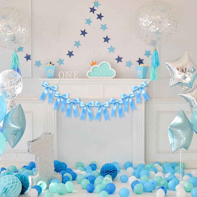 1 String of 8PCS Blue Bow Garland Banner Decoration,Pre-Strung Satin Ribbon Ornaments for Birthday,Bachelorette Party,Bridal Shower,Wedding,Engagement,Baby Shower,Graduation Decor,Anniversary