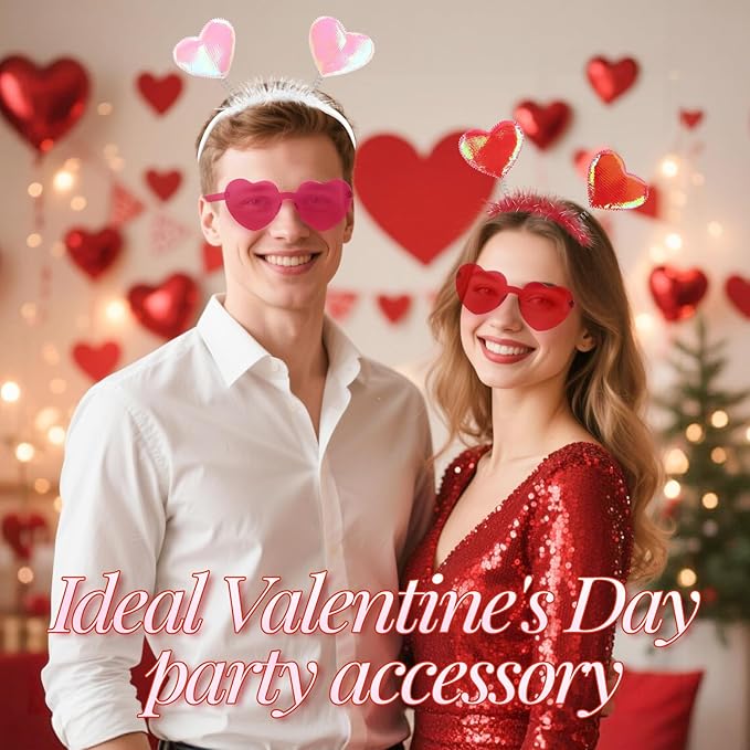 Valentines Day Heart Headband and Heart Glasses, 6 Pcs Each, Costume Cosplay Accessories for Kids Adults, Party Supplies, Romantic Gift