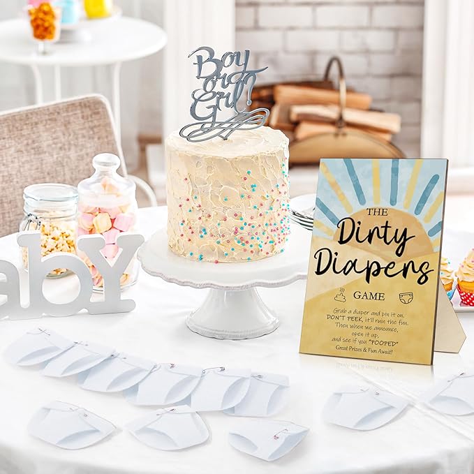 Roowest 51 Pcs Dirty Diaper Baby Shower Games Funny Wooden Sign with 50 Pcs Mini Diapers Cute Felt for Gender Reveal Party Baby Shower (Sun)