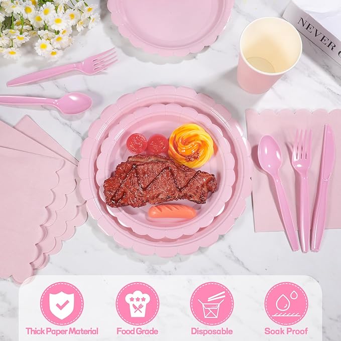 175 Pcs Pink Plates and Napkins, Pink Birthday Decorations Include Scalloped Plate Napkins Cups Plastic Cutlery Disposable Dinnerware for Wedding, Bridal Baby Shower, Mother Day