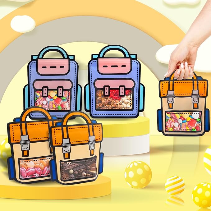 EONSUI 30PCS Plastic Cartoon Backpack Shaped Goodies Bags with Handles for Kids Birthday, Back to School Supplies, Baby Shower, Party, Wedding, Reusable Bulk Gift Wrapper for Candy, Snacks, Chocolate