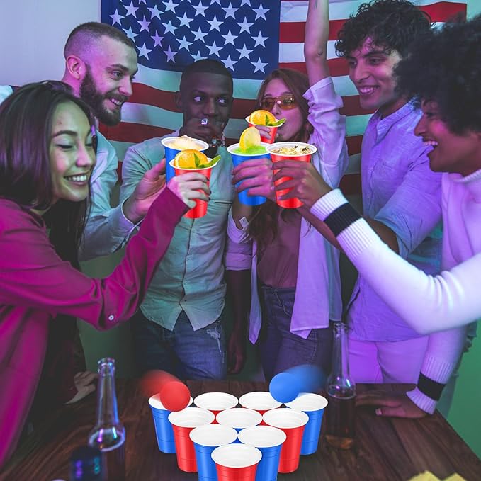32 Pieces Veterans Day Party Supplies 24 Pcs Red Blue 16 oz Plastic Cup and 8 Pcs Ball Set for Party Game Independence Day Decorations