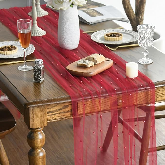 Artoid Mode 3PCS Pearl Red Gauze Table Runner 120 Inch 10FT, Seasonal Sheer Dining Holiday Wedding Birthday Baby Shower Table Decor for Home Party