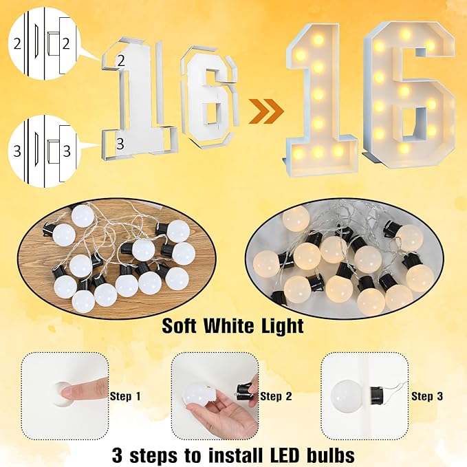 4ft Light Up Numbers Marquee 16 Numbers with Lights White Slots-in Frame for Men Women 16th Birthday Party Decorations Pre-Cut Mosaic Cardboard Large Cut-Out Thick Foam Board Sign Anniversary
