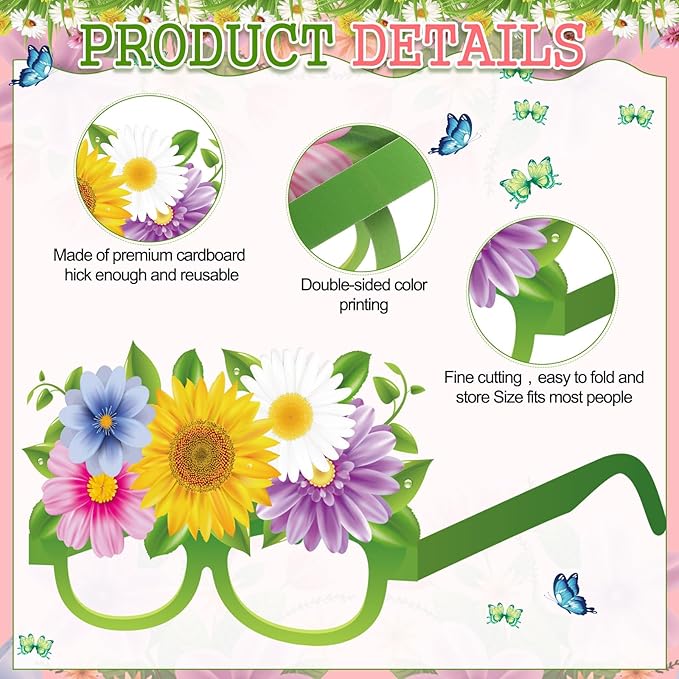 Pajean 32 Pack Spring Party Decorations Eyeglasses Springtime Themed Paper Glasses Supplies Flowers Butterflies Photo Booth Props Frame for Springtime Easter Tea Party Decoration Supplies
