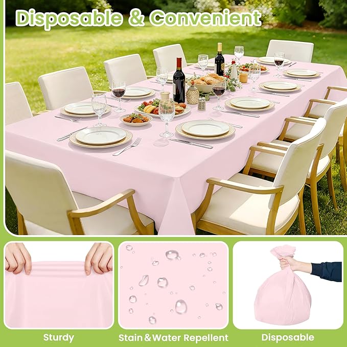Mulbozy Pink Plastic Table Cloth Disposable 4 Pack, 54 × 108 Inch Tablecloths Rectangle, Light Pink Plastic Table Cover for Party Decor