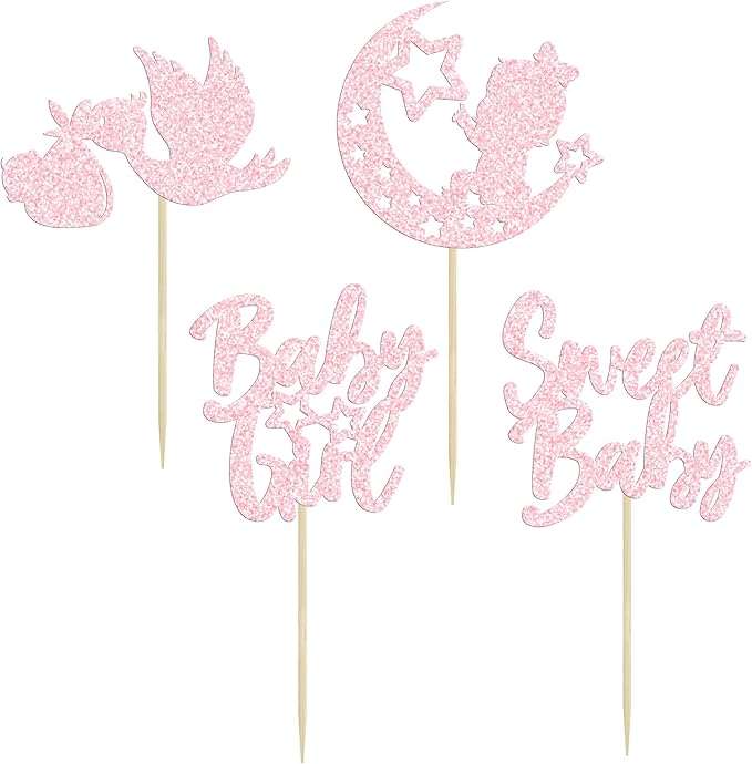 24Pcs Sweet Baby Girl Cupcake Toppers Moon Star Light Pink Glitter Baby Shower Cupcake Picks Decorations for Gender Reveal Baby Shower Kids Girls Birthday Party Supplies