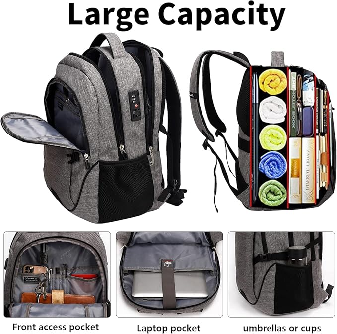 SHRRADOO Anti Theft Laptop Backpack Travel Backpacks with Combination Lock for Women Men (Grey, Large)