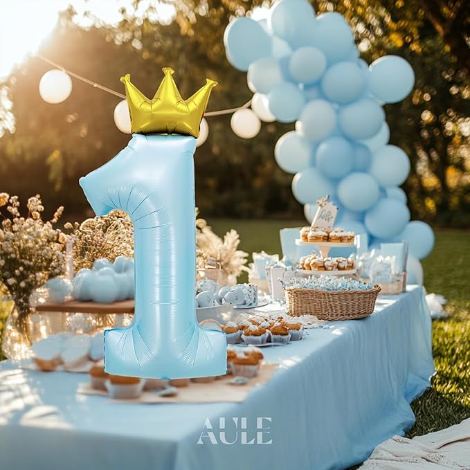 AULE 40 Inch Big Light Blue 1 Balloon Number with Crown Large Foil Helium Number Balloons 0-9 Jumbo Giant Happy 1st Birthday Party Decorations Huge Mylar Anniversary Party Supplies