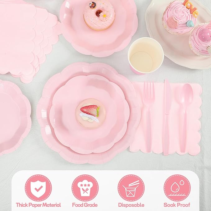 175 Pcs Pink Paper Plates and Napkins Set Include 9" Easter Plates, 7" Dessert Plate Disposable Scalloped Tableware Serve 25 Guest for Wedding Baby Shower Bridal Shower Birthday Mother's Day