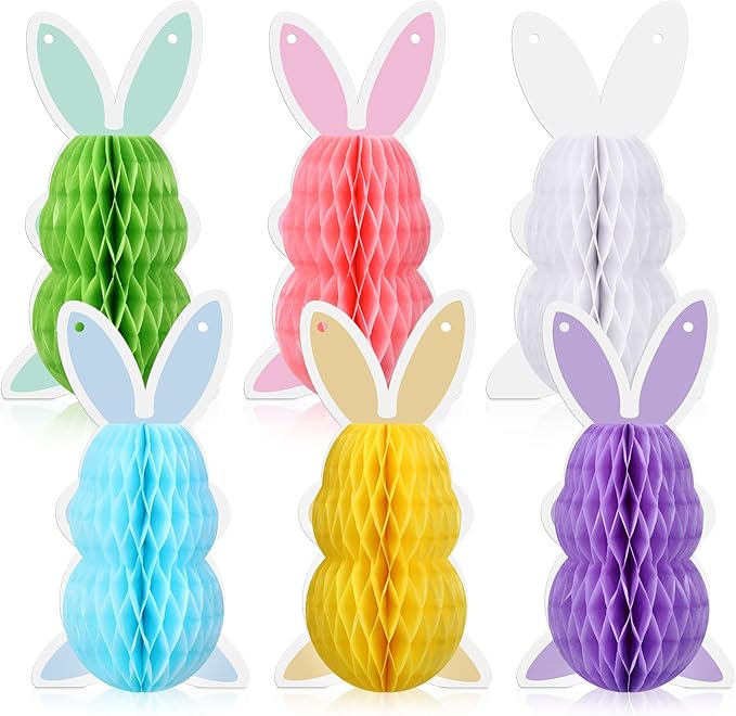 6 Pcs Easter Bunny Honeycomb Decorations Honeycomb DIY Table Centerpieces Set Colorful Spring Easter Ornaments for Bunny Themed Birthday Garden Egg Hunt Party Supplies