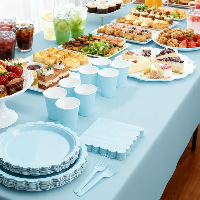 176 PCS Light Blue Party Decorations Includes Scalloped Plates, Napkins, Cups, Cutlery, Tablecloth for Baby Shower Wedding Birthday Party Decorations, Serves 25