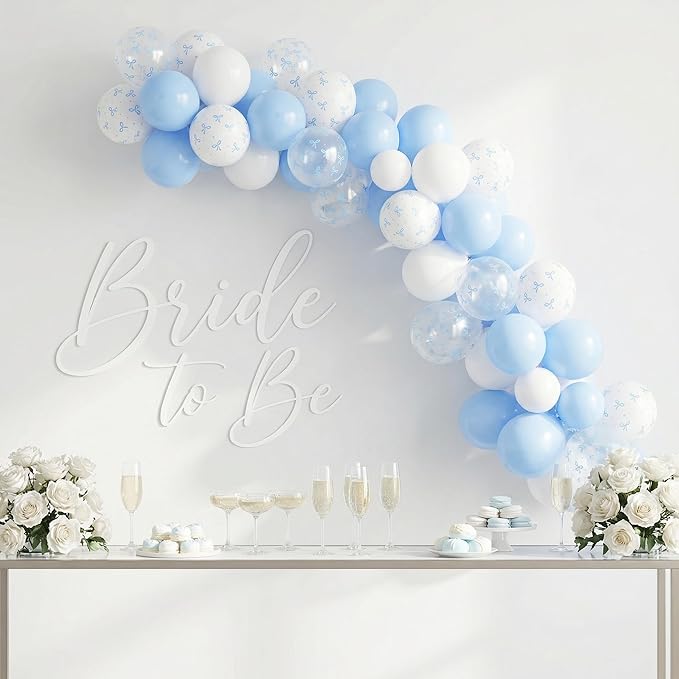 Blue Bow Balloons, 12 Inch Pastel Light Blue Transparent White Bow Print Coquette Balloon for Girls Birthday Bachelorette Party Bridal Baby Shower Wedding Anniversary Decorations Supplies