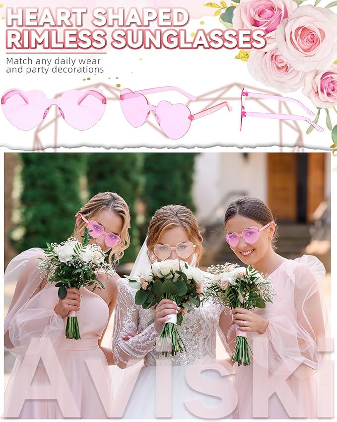 11 Pairs Heart Shaped Glasses Rimless Frameless Sunglasses Transparent Tinted Eyewear, 1 Bride + 10 Team Bride Glasses Bachelorette/Wedding Party Bridal Shower Party Favours Photo Booth Props
