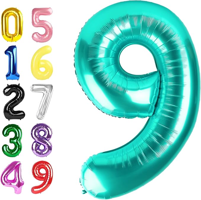Blue-Green 9 Balloon Number, Big 40 Inch Happy 9 19 29 90 Birthday for Men And Women, Foil Balloons Decoratins for Wedding Anniversary, Single, New Year, Halloween Party Syupplies