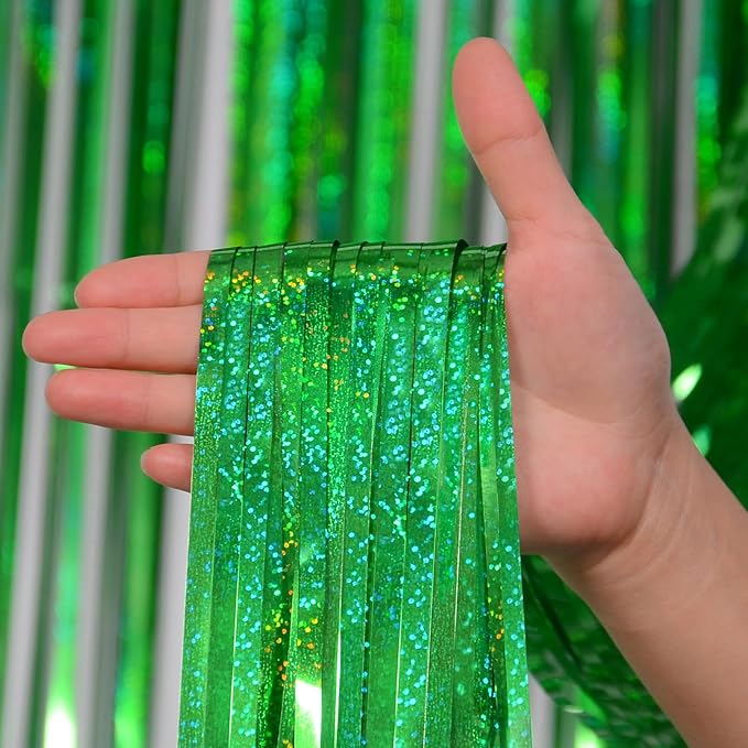 Green Tinsel Curtain Backdrop for St Patricks Day Decorations – Melsan 2 Pack 3.2 ft x 8 ft Metallic Foil Fringe Curtains for Irish Party, Jungle Birthday, Photo Booth Backdrop