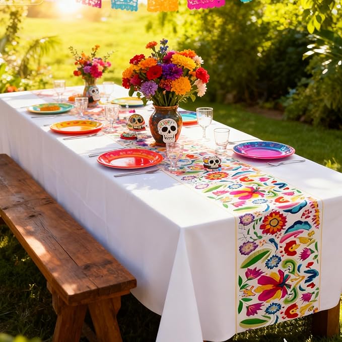 Oudain 3 Pcs Fiesta Tablecloth 108 x 54 Inch Plastic Tablecover Mexican Waterproof Tablecloth Disposable Table Cover for Taco Night Festive Mexican Fiesta Wedding Party Decoration (White 1)