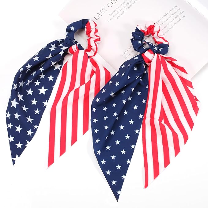 American Flag Hair Ties for Woman Girls Red White and Blue Ribbon Hair Scrunchies Elastic Patriotic 4th of July Hair Tie Independence Day Memorial Day Party Supplies Hair Accessories 2PCS