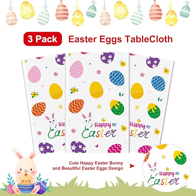 3 Pcs Easter Tablecloth-Happy Easter Bunny Table Cover, Disposable Plastic Rectangle Easter Colorful Eggs Table Cloth for Spring Easter Day Table Decorations and Party Supplies, 54 x 108 Inch