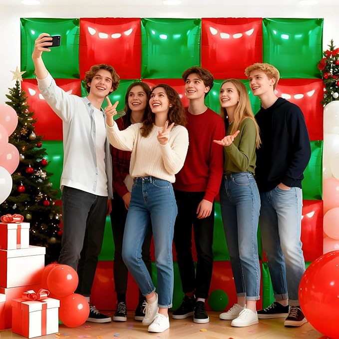 25Pcs Red and Green Square Foil Balloons Wall Backdrop, Double Sided Metallic Foil Balloons Tunnel Arch Garland Kit for Photo Booth Birthday Wedding Graduation Halloween Party Decorations