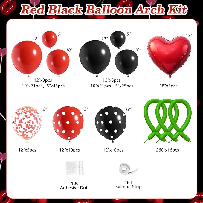 JOGAMS 170Pcs Betty Party Decorations,Red and Black Party Decorations with Confetti Red Heart Foil Polka Dot Green 260 Long Balloons for Bachelorette Birthday Baby Shower Vintage Retro Party