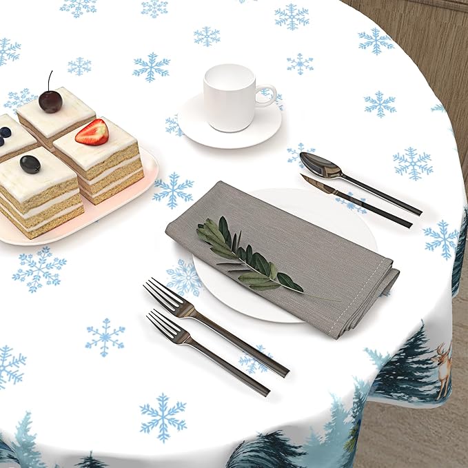 Christmas Reindeer Round Tablecloth Xmas Snowflake Pattern 70 Inch White Blue Table Cloth Winter Holiday Table Cover Washable Polyester Decor for Home Kitchen Dinning Party