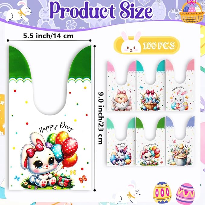 Easter Goodies Bags, Happy Easter Gift Bags, 100 Pcs Cute Bunny Plastic Treat Candy Cookie Snack Goody Reusable Bag for Gifts Wrapping Spring Holiday Easter Party Favor Decorations Supplies 6 Designs