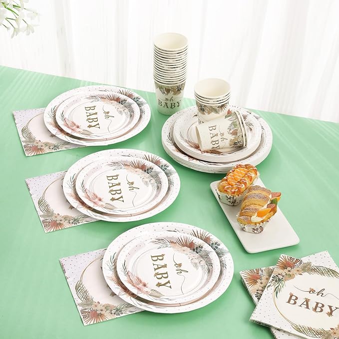 168 Pcs Boho Its A Girl Baby Shower Decorations, Boho Baby Shower Plates and Cups and Napkins Sets, for Baby In Bloom Oh Baby Western Girl, Summer Fall Woodsy Rustic Neutral, Serves 24