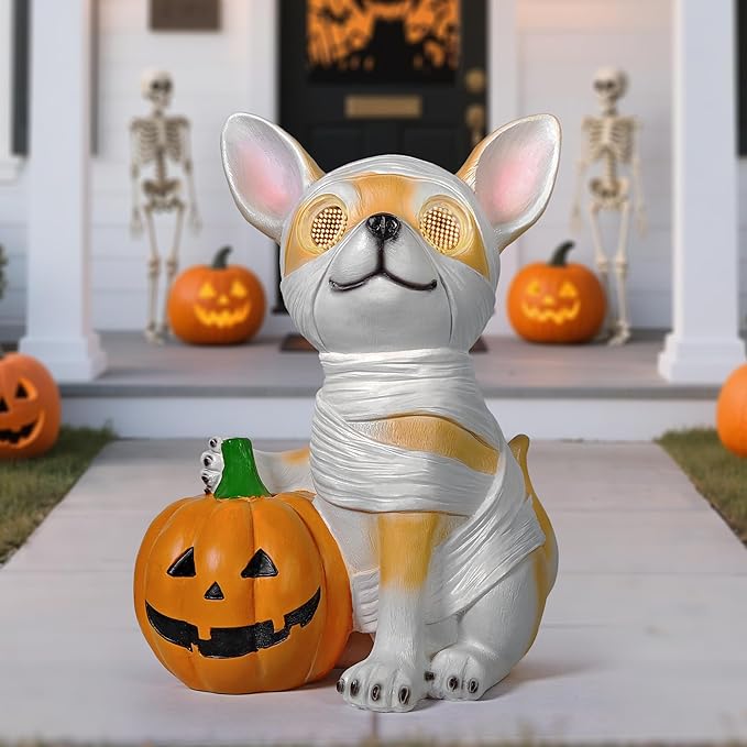 Halloween Decorations, Halloween Dog Statue Holding Pumpkin, with 360°Rotating Glowing Eyes and Solar Power,Outdoor Dog Statue for Front Door Porch, Yard, Lawn, Garden &Spooky Gifts