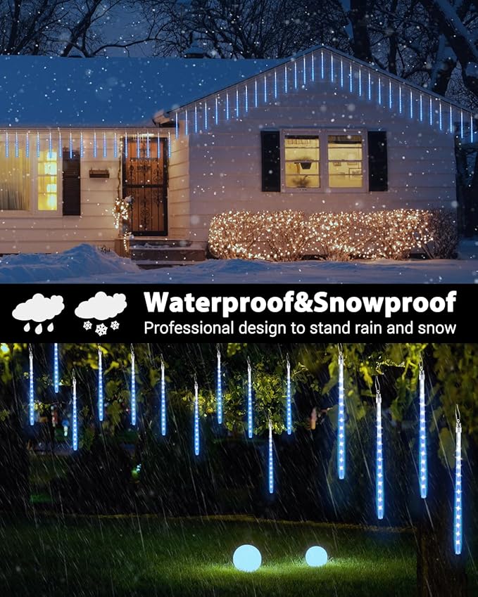 iBaycon 20 Tubes 640 LED Meteor Shower Rain Lights, 15.7 inches Cascading Icicle Lights Waterproof Outdoor, Connectable Falling Raindrop Light with Timer for Holiday Party Christmas Decorations