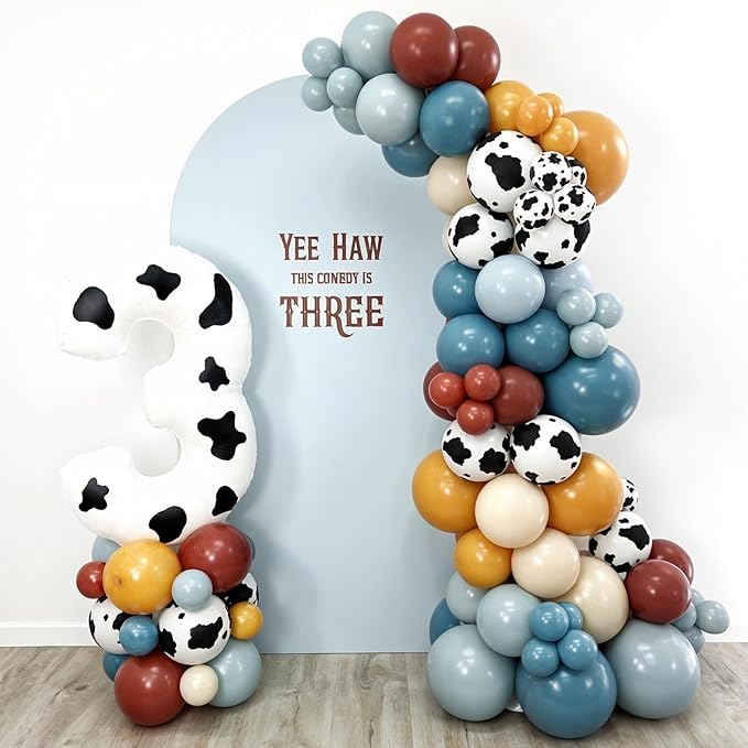 Cow Print Balloons, 12 Inch Dusty Slate Blue Brown Yellow Sand White Latex Party Balloon Western Cowboy Balloons for Boys First Rodeo Baby Shower Farm Country Wild West Birthday Party Decorations