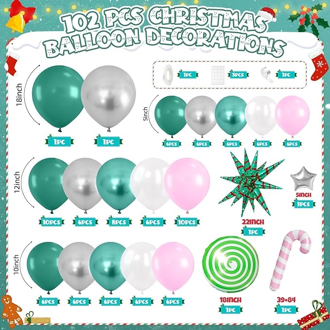 Christmas Balloon Arch Kit, Pink Green Metallic Silver Pearl Balloons with Star Foil, Pink Candy Cane, Green Candy Balloons for Birthday Party Decorations Baby Shower Backdrop