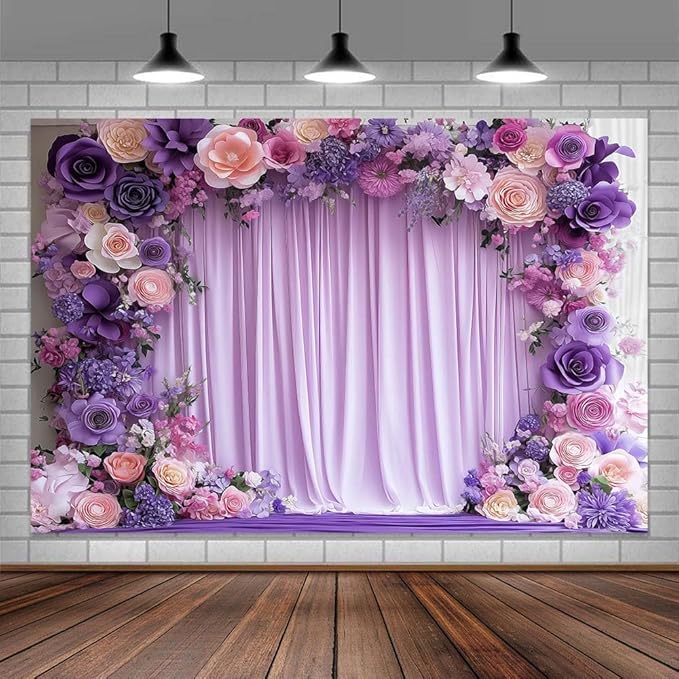 10X6.5ft Purple Flower Wall Background Photography Lavender Backdrop for Parties Wedding, Girls Birthday Princess Weeding Bridal Shower Purple Floral Anniversary Ceremony Decor.