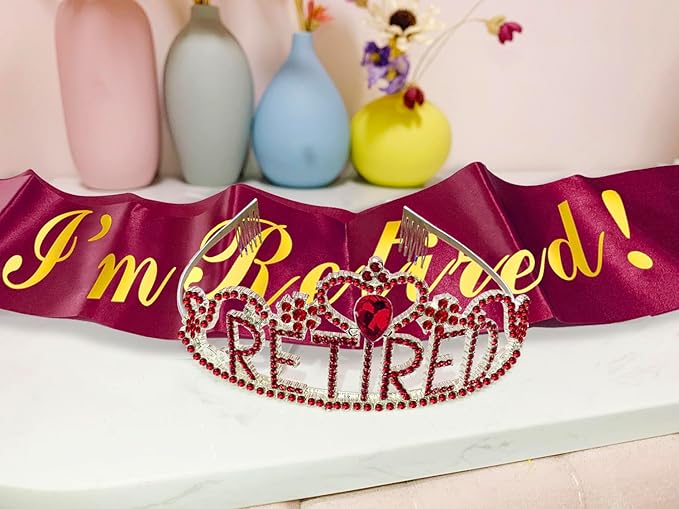 JETKONG Retirement Party Decorations Retired Tiara/Crown, Retired Sash for Women Retirement Gifts, Retirement Party Supplies, Gifts, Favors (Burgundy Red)