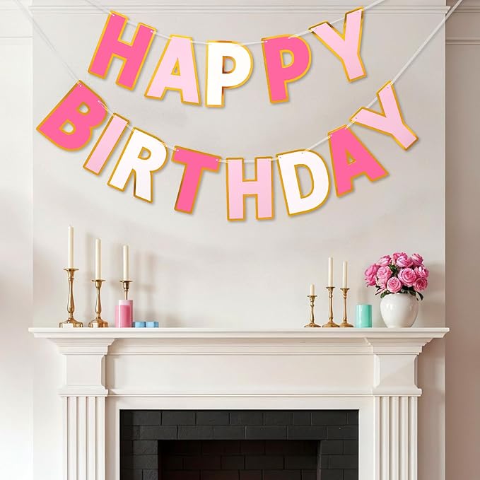 Happy Birthday Banner - 9ft Pre-Strung Happy Birthday Sign for Women, Men, Girls, Boys - No DIY Birthday Decorations & Party Supplies(Roseo Pink)