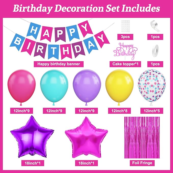 Pink Blue Purple Birthday Party Decorations for Girls Women, Hot Pink and Blue Birthday Decorations with Latex Balloons Happy Birthday Banner Cake Topper Star Foil Balloon Fringe Curtain