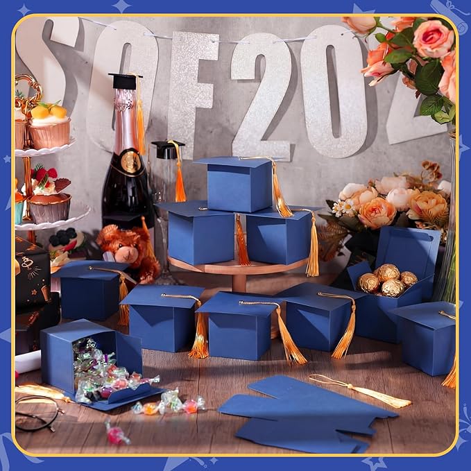 TaoBary 12 Pieces Graduation Candy Box Graduation Decorations Party Gift Boxes Graduate Cap Box Candy Chocolate Cookie Supplies for Ceremony Party(Royal Blue)
