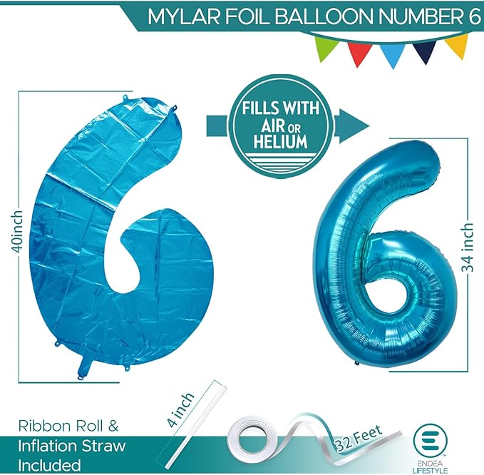 40 Inch Large Blue Number Celebration and Decoration Balloon for Birthday Parties, Graduations, Anniversaries, Weddings, Photo Shoots, Special Events - Helium Foil Mylar (Blue Number 6)