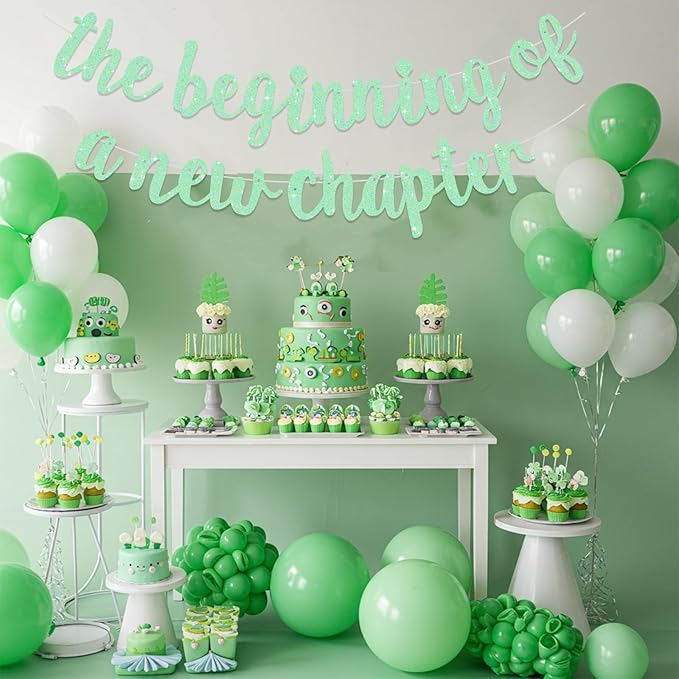 BEISHIDA Glitter Light Green The Beginning of A New Chapter Banner,Pre-Strung Farewell Book Themed Housewarming Party Congratulations Decorations,Going away party Garland,Graduation Sign 2026 Banner,retirement Supplies