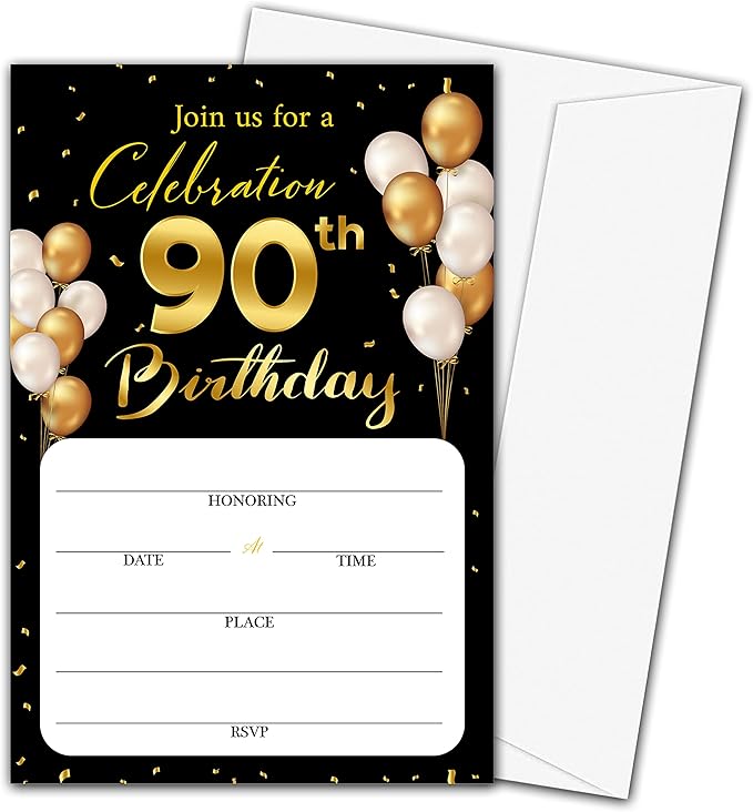 90th Birthday Invitation Cards with Envelopes - Classic Gold Theme Fill in The Blank Birthday Party Invite Cards, for Man, Woman Entertain Banquet Party Supplies, 20 Invites With Envelopes - B22