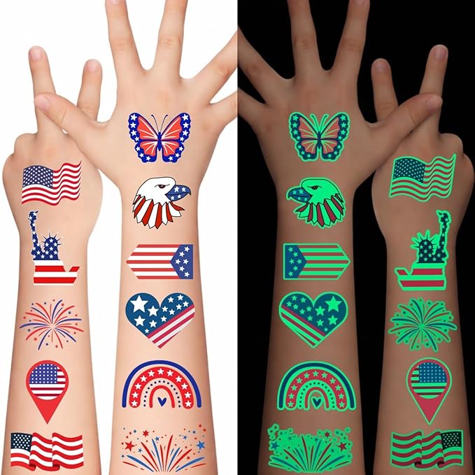 4th of July Temporary Tattoos Luminous 4th of July Decorations Favors Party Supplies Accessories American USA Independence Day Memorial Labor Day Fourth of July Red White Blue Glow in Dark Patriotic