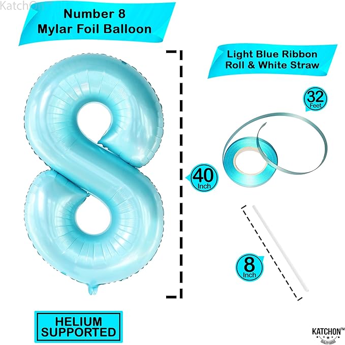 KatchOn, Giant Light Blue Number 8 Balloon - 40 Inch | 8th Birthday Balloons for 8th Birthday Decorations for Girls | Light Blue 8 Balloon | 8 Balloons for Birthday Girl | Light Blue Eight Balloon