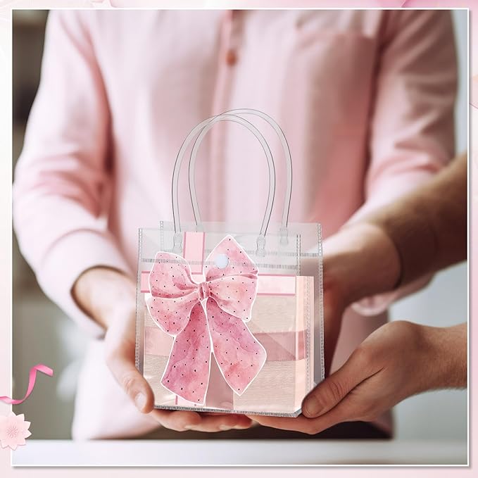 12 Pcs Pink Bow Clear PVC Gift Bag with Handle, 5. 91 x 6. 3 x 2. 76 Inches Pink Coquette Bowknot Tote Bag for Bachelorette Bridal Baby Shower Wedding Birthday Party Favor