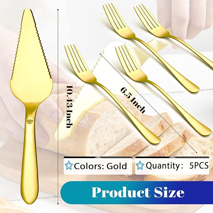1 Pcs Cake Pie Server and 4 Forks Set for Wedding, Elegant Pizza Slicer Server Set with Stainless Steel Big Serrated Edges, Cake Cutter Pie Spatula for Birthday Anniversary, Gold