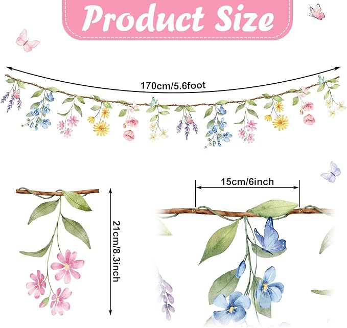 2 Pcs Wildflower Garland, Wildflower Party Decorations Reusable Garden Flower Banner for Baby Shower Birthday Spring Supplies Fresh Off the Market Bridal Shower Girl Party