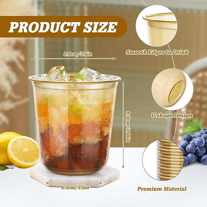KesaPlan 100 Pcs Gold Plastic Cups, 12oz Disposable Stemless Wine Glasses for Cocktail Cute Clear Cocktail Wine Glasses Gold Party Cups for Meeting Wedding Graduation Holiday Party