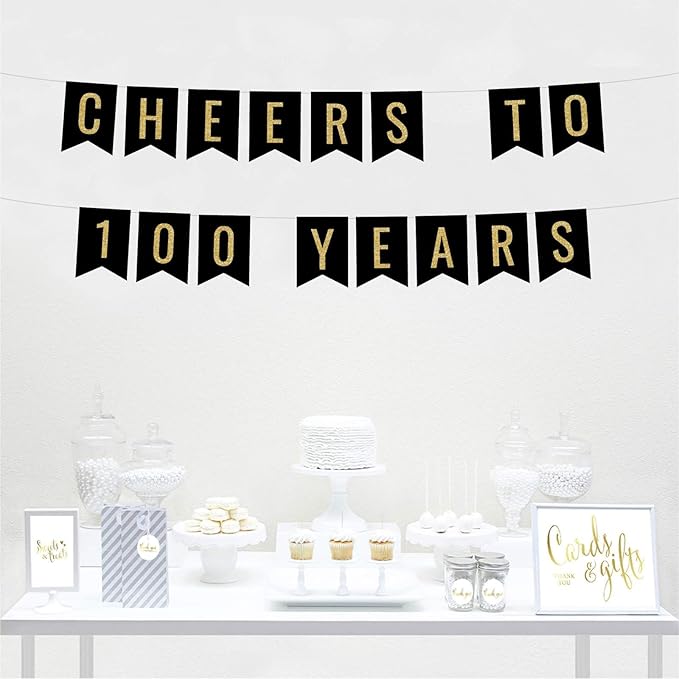 Andaz Press Faux Gold Glitter on Black Birthday Party Banner Decorations, Cheers to 100 Years, Approx 5-Feet, 1-Set, 100th Birthday Milestone Colored Hanging Pennant Decor