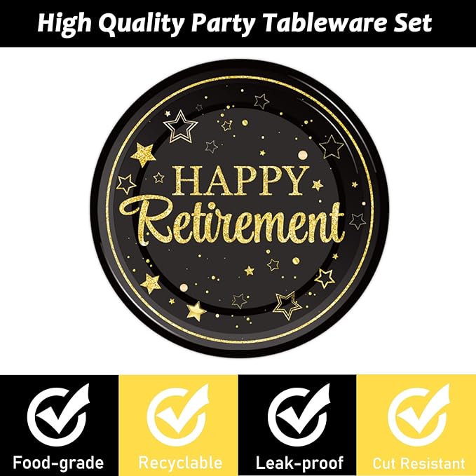 Wiooffen 48 Pcs Retirement Paper Plates Happy Retirement Party Supplies Decorations Disposable Dessert Plates Decorations Black and Gold Retired Plates Graduations Tableware for Men Women